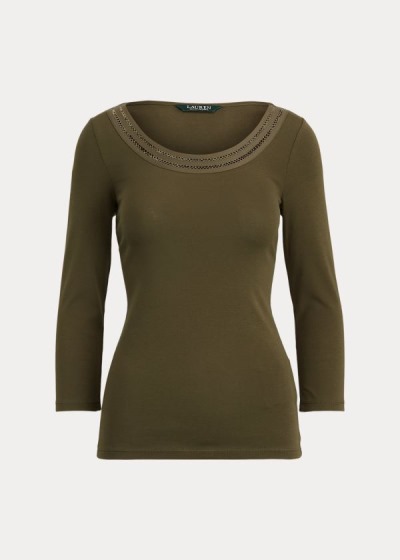 Tops Ralph Lauren Mujer Verde Oscuro Oliva - Cotton Elbow-Sleeve - RCGKY2807